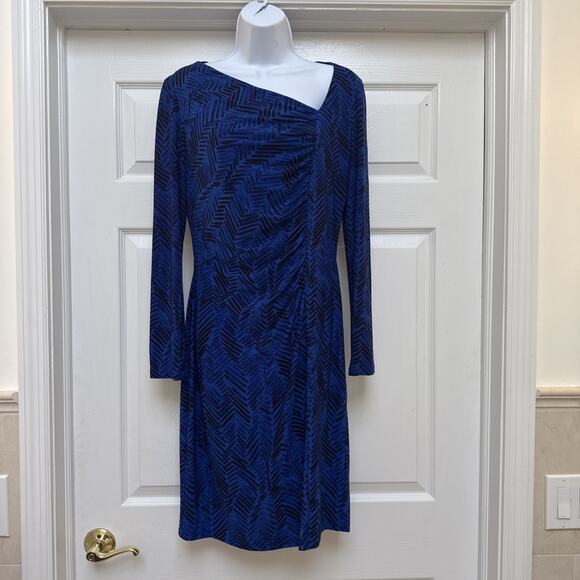 Chaps Women Dress Sz Medium M Blue Black Print Asymmetric Neck Stretch Pull-On - Picture 1 of 12